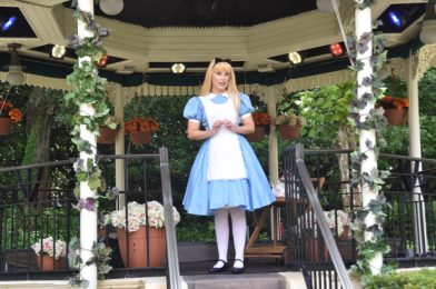 Distanced Interaction with Alice in Wonderland at the Epcot United Kingdom Pavilion Photos, Video