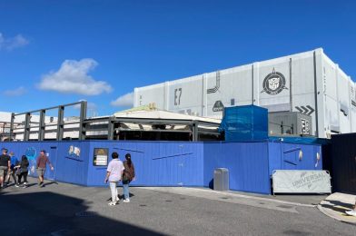 Scaffolding and Scrim Covers One End of Future Minion Cafe at Universal Studios Florida